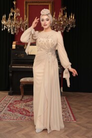 Modest Evening Dress - Bead Embellished Beige Modest Evening Dress 53497BEJ - 1