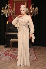 Modest Evening Dress - Bead Embellished Beige Modest Evening Dress 53497BEJ - 2