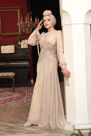 Modest Evening Dress - Bead Embellished Beige Modest Evening Dress 53497BEJ - 3