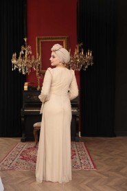 Modest Evening Dress - Bead Embellished Beige Modest Evening Dress 53497BEJ - 4