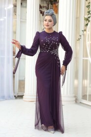 Modest Evening Dress - Bead Embellished Dark Purple Modest Evening Dress 53497KMOR - 2