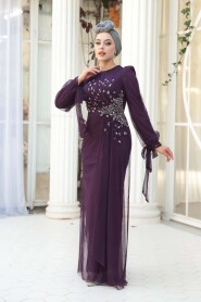 Modest Evening Dress - Bead Embellished Dark Purple Modest Evening Dress 53497KMOR - 3