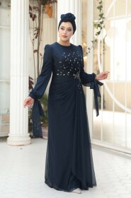 Modest Evening Dress - Bead Embellished Navy Modest Evening Dress 53497L - 2