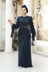 Modest Evening Dress - Bead Embellished Navy Modest Evening Dress 53497L - 1