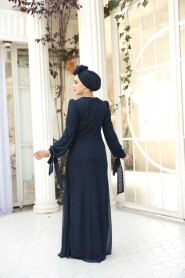 Modest Evening Dress - Bead Embellished Navy Modest Evening Dress 53497L - 3