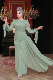Modest Evening Dress - Bead Embellished Sage Green Modest Evening Dress 53497CY - 2