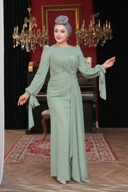 Modest Evening Dress - Bead Embellished Sage Green Modest Evening Dress 53497CY - NEVA STYLE