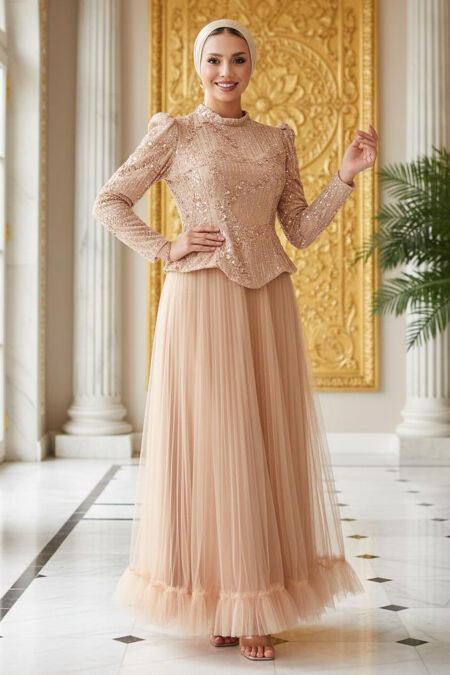 Modest Evening Dress - Bead Embroidered Beige Modest Evening Dress 55041BEJ - 