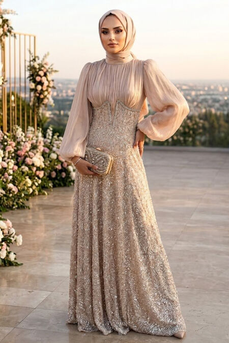 Modest Evening Dress - Bead Embroidered Beige Modest Evening Dress 70171BEJ - 