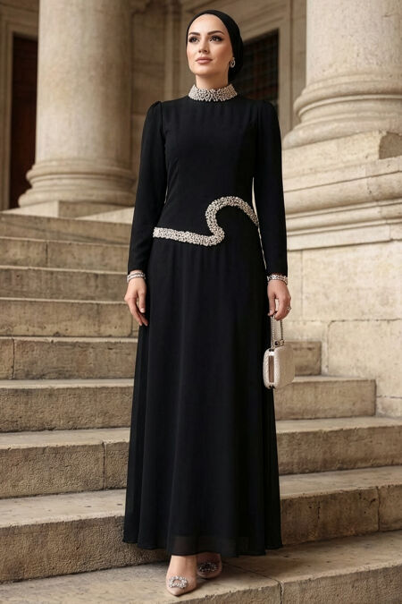 Modest Evening Dress - Bead Embroidered Black Modest Evening Dress 48081S - 