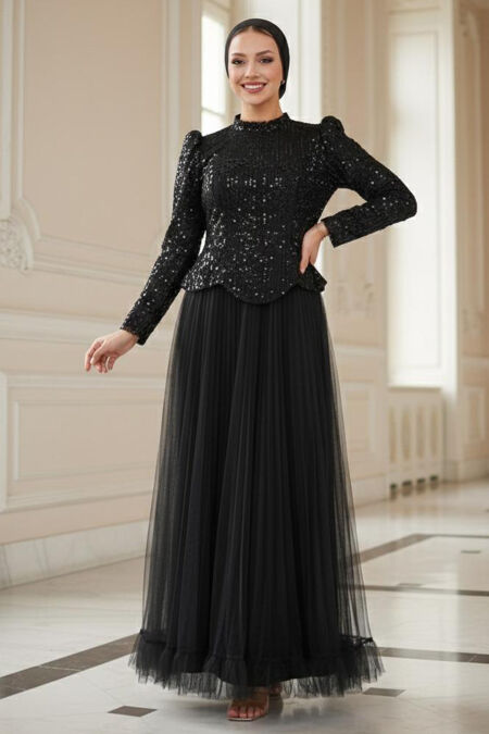 Modest Evening Dress - Bead Embroidered Black Modest Evening Dress 55041S - 