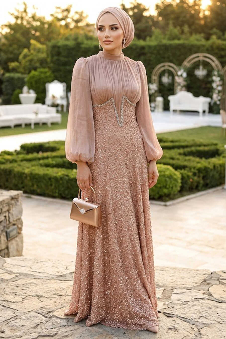 Bead Embroidered Camel Modest Evening Dress 70171C - Neva-style.com