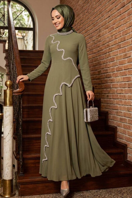 Modest Evening Dress - Bead Embroidered Khaki Modest Evening Dress 55741HK - 