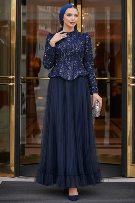 Modest Evening Dress - Bead Embroidered Navy Blue Modest Evening Dress 55041L - 