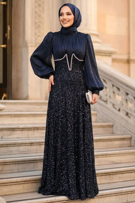 Modest Evening Dress - Bead Embroidered Navy Modest Evening Dress 70171L - 