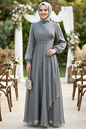 Modest Evening Dress - Beaded Detail Almond Green Modest Evening Dress 4916CY - 