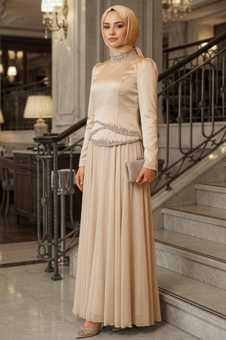 Modest Evening Dress - Beaded Detail Beige Modest Evening Dress 55991BEJ - 