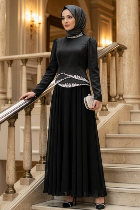 Modest Evening Dress - Beaded Detail Black Modest Evening Dress 55991S - 