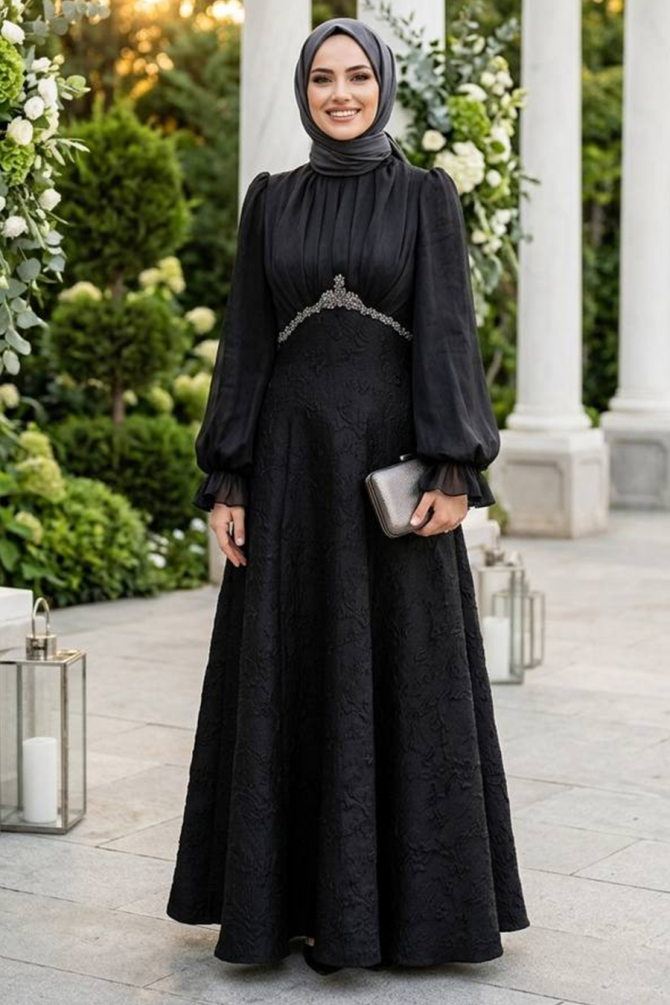 Modest Evening Dress - Beaded Detail Black Modest Evening Dress 80178S - 