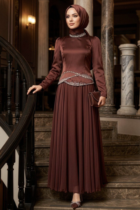 Modest Evening Dress - Beaded Detail Brown Modest Evening Dress 55991KH - 