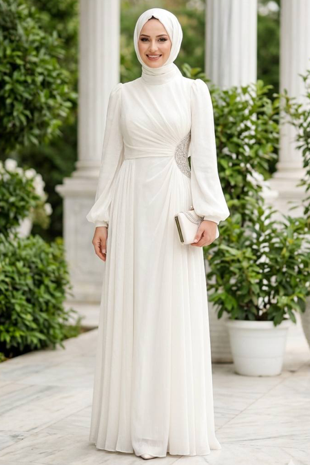 Modest Evening Dress - Beaded Detail Cream Modest Evening Dress 47561KR - 