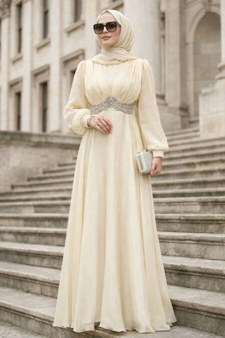 Modest Evening Dress - Beaded Detail Ecru Modest Evening Dress 4876E - 
