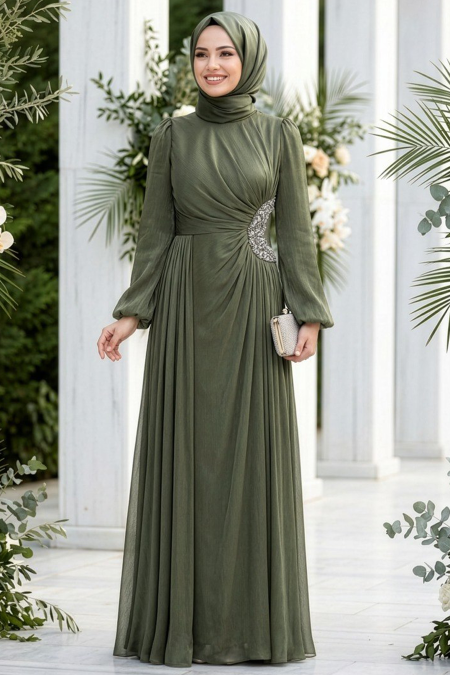 Modest Evening Dress - Beaded Detail Khaki Modest Evening Dress 47561HK - 