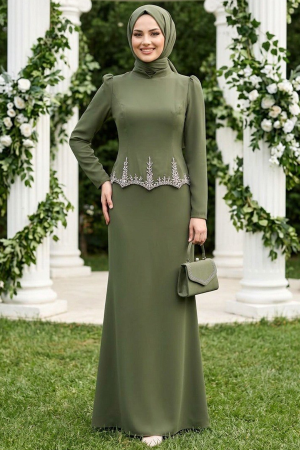 Modest Evening Dress - Beaded Detail Khaki Modest Evening Dress 54191HK - 
