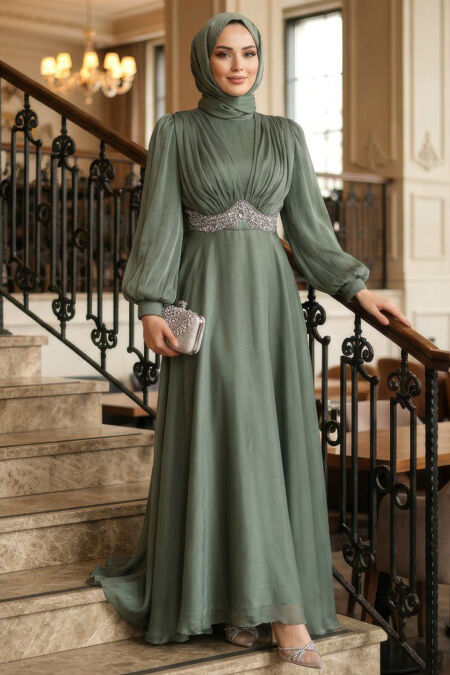 Modest Evening Dress - Beaded Detail Mint Modest Evening Dress 4876MINT - 