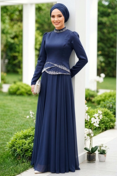 Modest Evening Dress - Beaded Detail Navy Modest Evening Dress 55991L - 