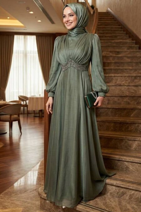 Modest Evening Dress - Beaded Detail Pistachio Green Modest Evening Dress 4876CY - 