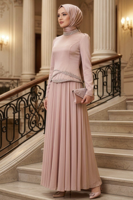 Modest Evening Dress - Beaded Detail Powder Modest Evening Dress 55991PD - 