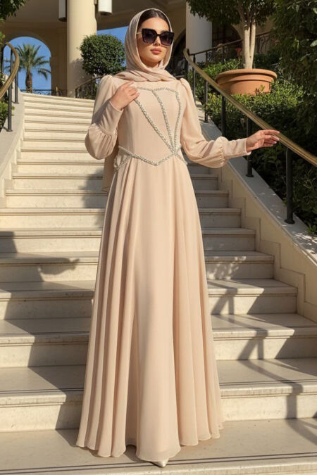 Modest Evening Dress - Beaded Detail Stone Modest Evening Dress 70148TAS - 