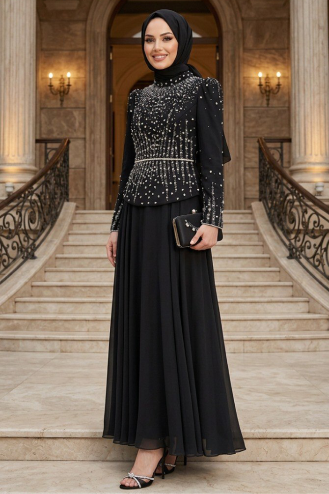 Modest Evening Dress - Beaded Embroidered Black Modest Evening Dress 56201S - 