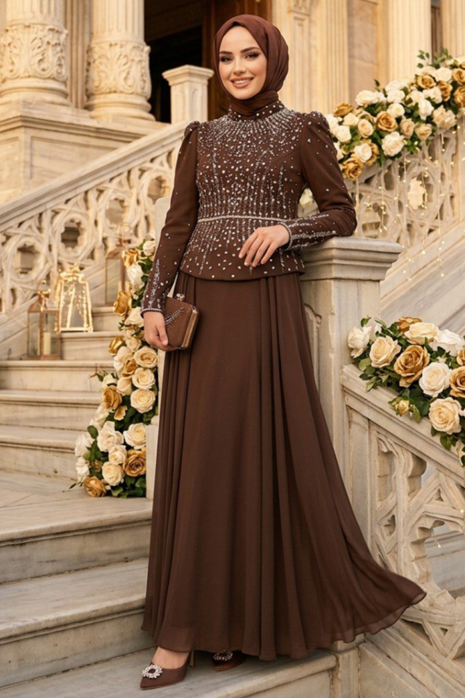 Modest Evening Dress - Beaded Embroidered Brown Modest Evening Dress 56201KH - 