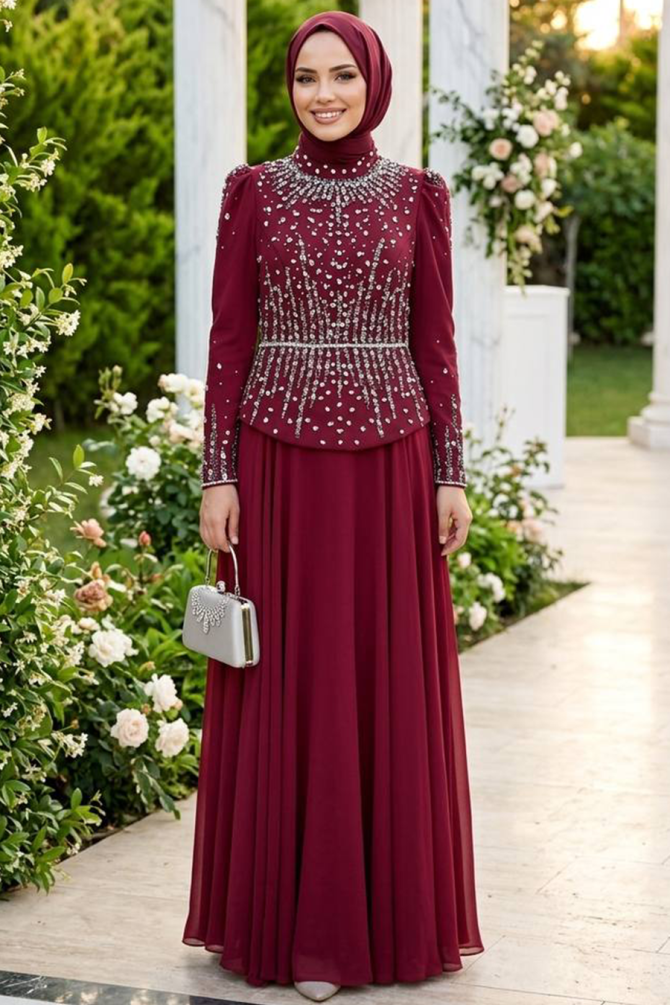 Modest Evening Dress - Beaded Embroidered Claret Red Modest Evening Dress 56201BR - 