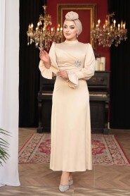 Modest Evening Dress - Beige Satin Modest Evening Dress 62301BEJ - 2
