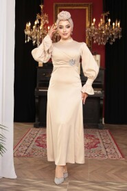 Modest Evening Dress - Beige Satin Modest Evening Dress 62301BEJ - 3
