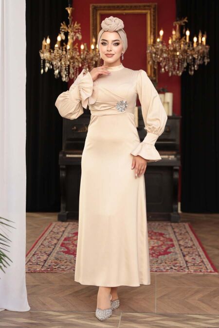 Modest Evening Dress - Beige Satin Modest Evening Dress 62301BEJ - NEVA STYLE