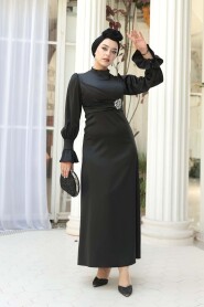 Modest Evening Dress - Black Satin Modest Evening Dress 62301S - 2