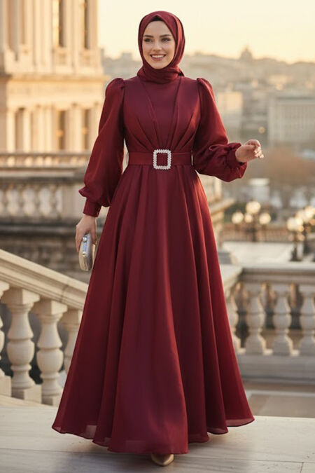 Modest Evening Dress - Buckle Belted Claret Red Modest Evening Dress 45295BR - 