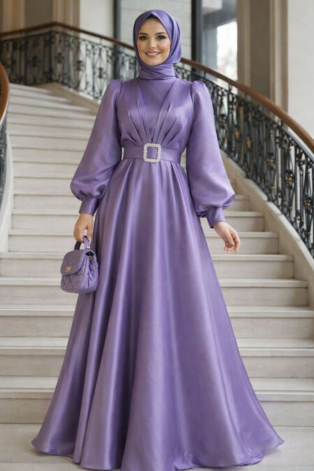 Modest Evening Dress - Buckle Belted Lilac Modest Evening Dress 45295LILA - 