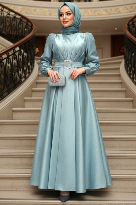 Modest Evening Dress - Buckle Belted Mint Modest Evening Dress 45295MINT - 
