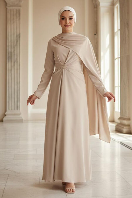 Modest Evening Dress - Cape Detail Beige Modest Satin Evening Dress 53682BEJ - 