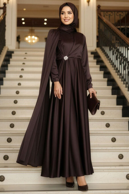 Modest Evening Dress - Cape Detail Brown Modest Satin Evening Dress 4884KH - 
