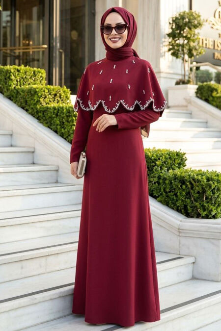 Modest Evening Dress - Cape Detail Burgundy Modest Evening Dress 55781BR - 