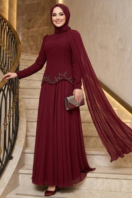 Modest Evening Dress - Cape Detail Burgundy Modest Evening Dress 56081BR - 