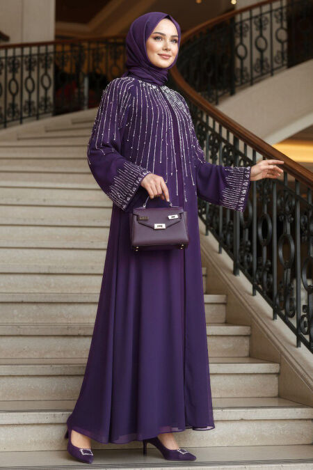 Modest Evening Dress - Cape Detail Dark Purple Modest Evening Dress 25912KMOR - 