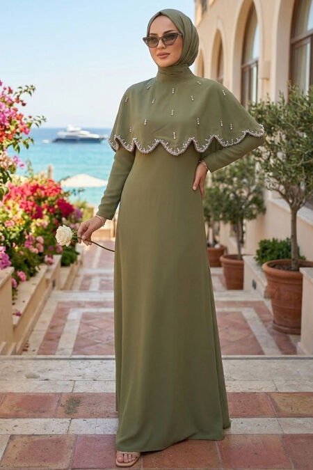 Modest Evening Dress - Cape Detail Khaki Modest Evening Dress 55781HK - 
