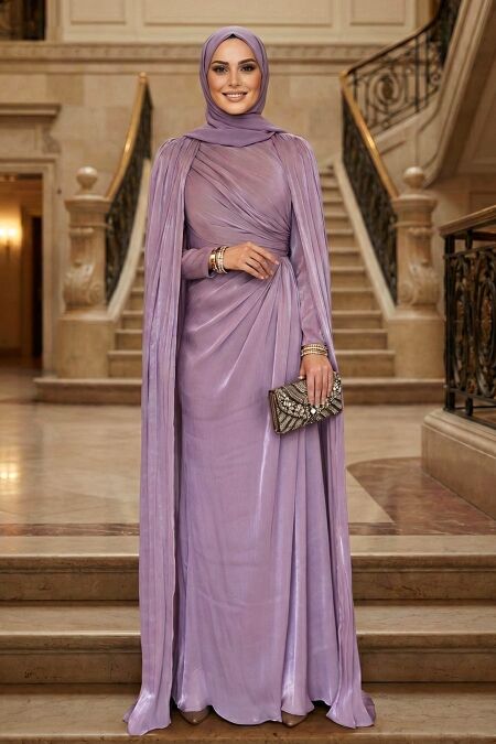 Modest Evening Dress - Cape Detail Lilac Modest Evening Dress 54391LILA - 